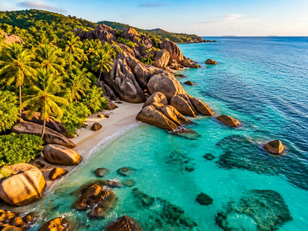 Aerial view of a Seychelles beach with granite boulders and turquoise water